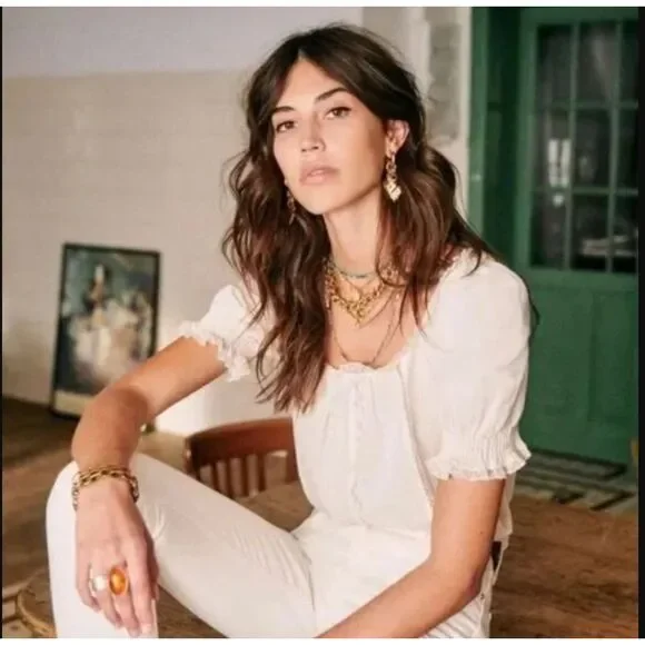Sezane Blouse White Lace Trim Linen Frances Cottagecore - Picture 1 of 16